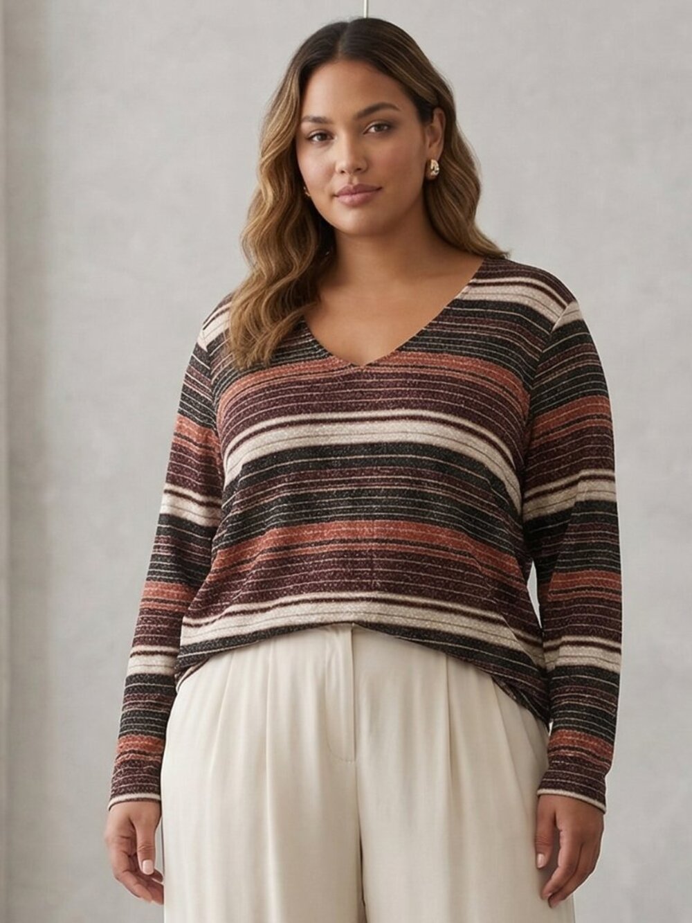 Avenue Sweater V-Neck Stripes Metallic Burgundy Brown Casual 30/32